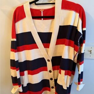 Free People Red and Navy Striped Cardigan